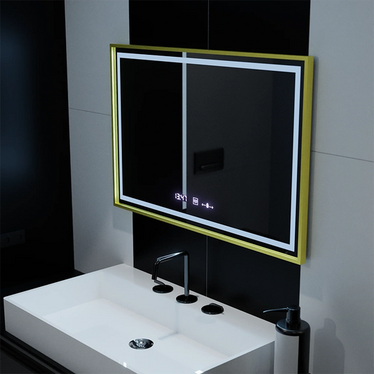 Prostokątne lustro LED, 100x65 cm, Verite Royale Gold Motion Glow Marcello, system przeciwmgielny, zegar i termometr, ściemnialne