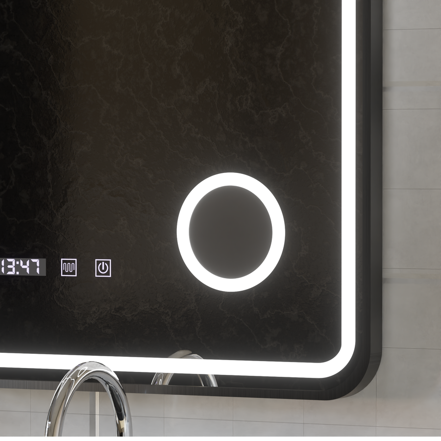 Ulrich Touch LED Mirror Defog System, zegar i temperatura 60x80 cm szczotkowana czarna rama lupa kosmetyczna