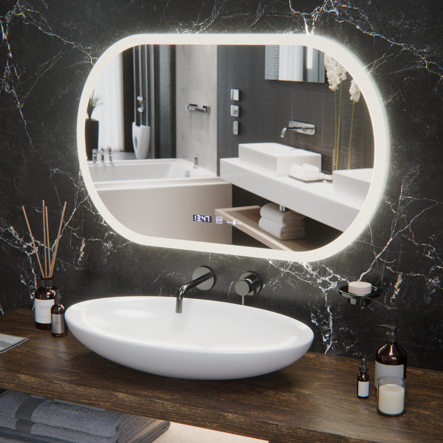 Owalne lusterko diody LED, 80x50 cm, Motionglow Marcello czujnik, system wyłączający, zegar