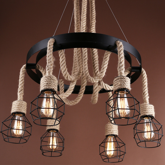 Żyrandol w kształcie koła, 3*E27, brązowy, metal i lina