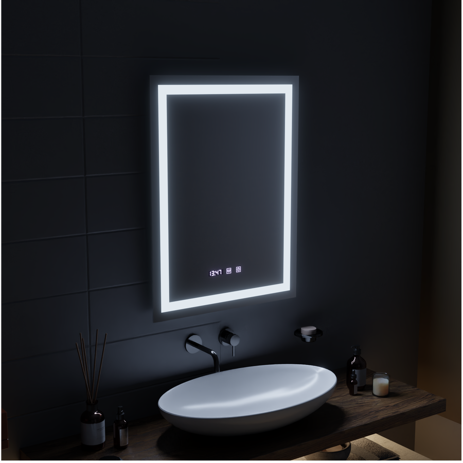 Lustro Gustav Touch LED z systemem przeciwmgielnym, zegarem i temperaturą 60x80 cm