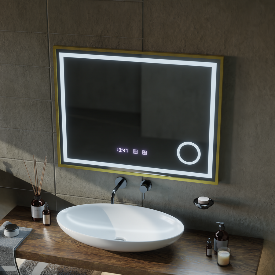 Rolf Touch LED Mirror Defog System, zegar i temperatura 80x60 cm szczotkowana złota rama lupa kosmetyczna