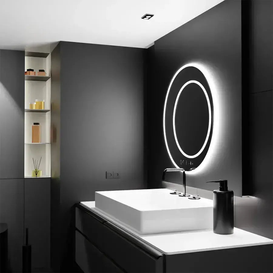 Okrągłe lustro LED, 60 cm, July Touch Marcello, system przeciwmgielny, zegar i termometr, ściemnialne 