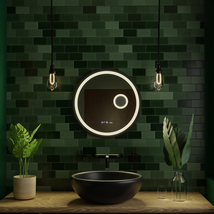 Okrągłe lustro LED, 60 cm, czujnik ruchu Micah Marcello MotionGlow, system przeciwmgielny, zegar i termometr, lupa kosmetyczna, ściemnialna 