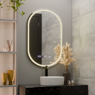 Owalne lustro LED, 60x80 cm, Eminence MotionGlow Marcello, system przeciwmgielny, zegar i termometr, ściemnialne 