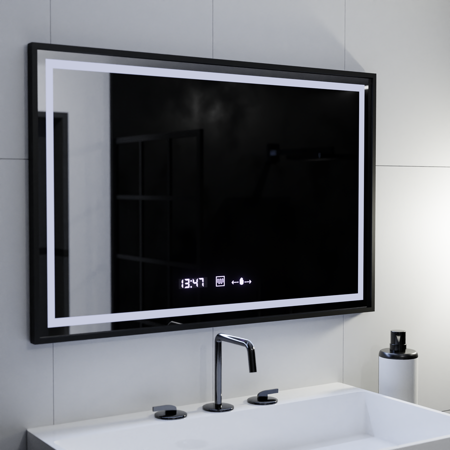 Prostokątne lustro LED, 100x80cm, Verite Majeste Noir MotionGlow Marcello, system przeciwmgielny, zegar i termometr, ściemnialne