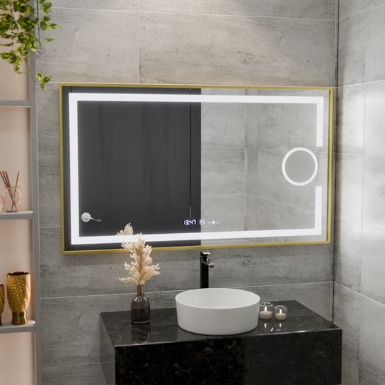 Prostokątne lustro LED, 120x80 cm, Eclat MotionGlow Marcello, system przeciwmgielny, zegar i termometr, lupa kosmetyczna, możliwość przyciemniania, ramka ze szczotkowanego złota Lustra Marcello Domyślny tytuł Alessandro Design