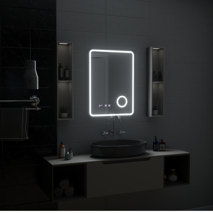 Ulrich Touch LED Mirror Defog System, zegar i temperatura 60x80 cm szczotkowana czarna rama lupa kosmetyczna