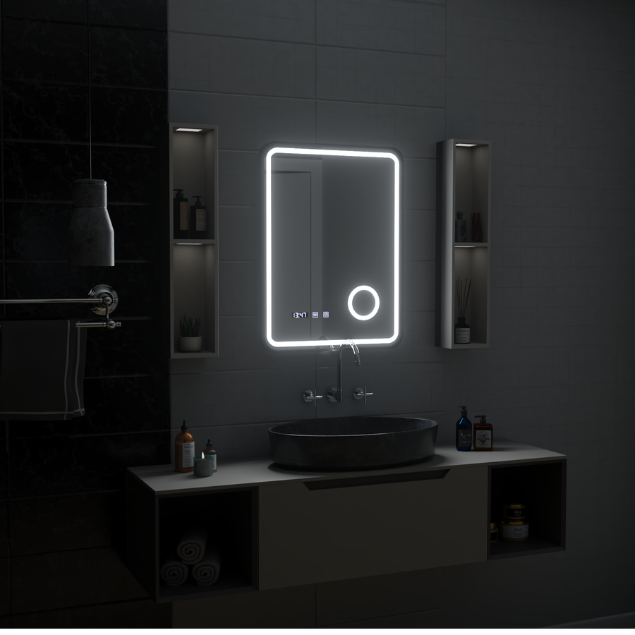 Ulrich Touch LED Mirror Defog System, zegar i temperatura 60x80 cm szczotkowana czarna rama lupa kosmetyczna