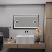 Lustro z czujnikiem ruchu Domingo MotionGlow LED z funkcją przeciwmgielną, termometrem i zegarem, 120x65 cm, ściemnialne, zimne/ciepłe/neutralne światło, szczotkowana czarna rama, kolekcja Marcello Funghi