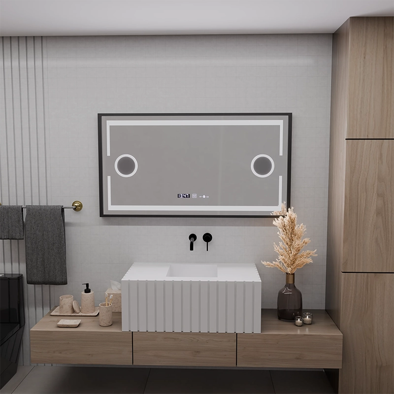 Lustro z czujnikiem ruchu Domingo MotionGlow LED z funkcją przeciwmgielną, termometrem i zegarem, 120x65 cm, ściemnialne, zimne/ciepłe/neutralne światło, szczotkowana czarna rama, kolekcja Marcello Funghi