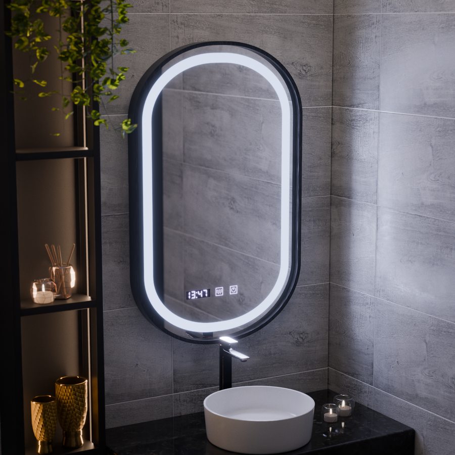 Helmut LED Touch System odmgławiania lusterek, zegar i temperatura 50x80 cm Czarna ramka Szczotkowane Marcello Funghi