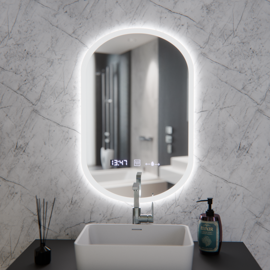 Owalne LED lusterka, 50x80 cm, czujnik Lucia Marcello, system rozmrażania, zegar i termometr, Dokryty