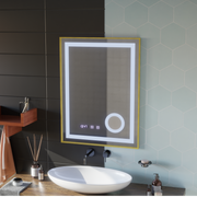 Lustro LED Stefan Touch z systemem przeciwmgielnym, zegarem i temperaturą 60x80 cm, szczotkowana złota rama, lupa kosmetyczna
