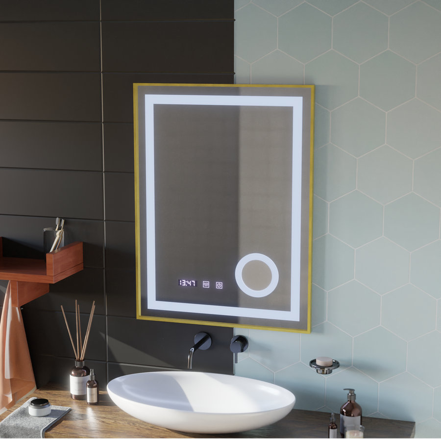 Lustro LED Stefan Touch z systemem przeciwmgielnym, zegarem i temperaturą 60x80 cm, szczotkowana złota rama, lupa kosmetyczna
