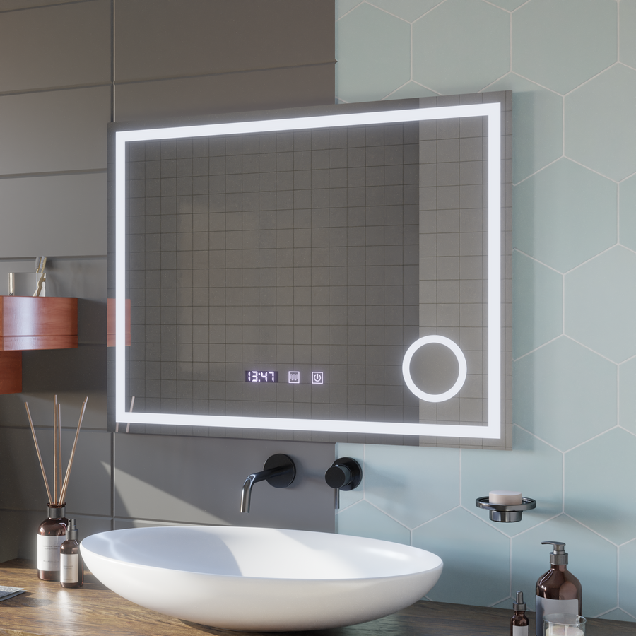 Lustro dotykowe LED Gunter System przeciwmgielny, zegar i temperatura 80x60 cm Lupa kosmetyczna