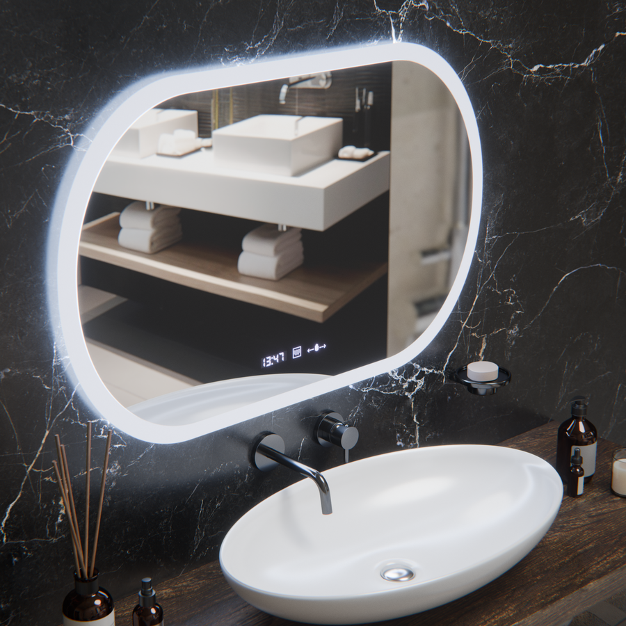 Owalne lusterko diody LED, 80x50 cm, Motionglow Marcello czujnik, system wyłączający, zegar