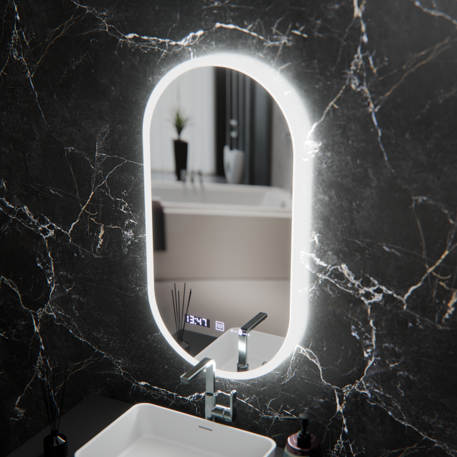 Owalne LED lusterka, 50 x 100 cm, czujnik Lucia Marcello, system rozmrażania, zegar i termometr, Dokryty