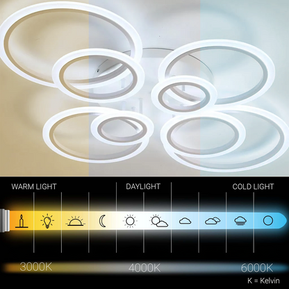 Żyrandol LED BETTY 130 W z pilotem, 8 okręgów, światło zimne/ciepłe/neutralne, ściemnialny, biały