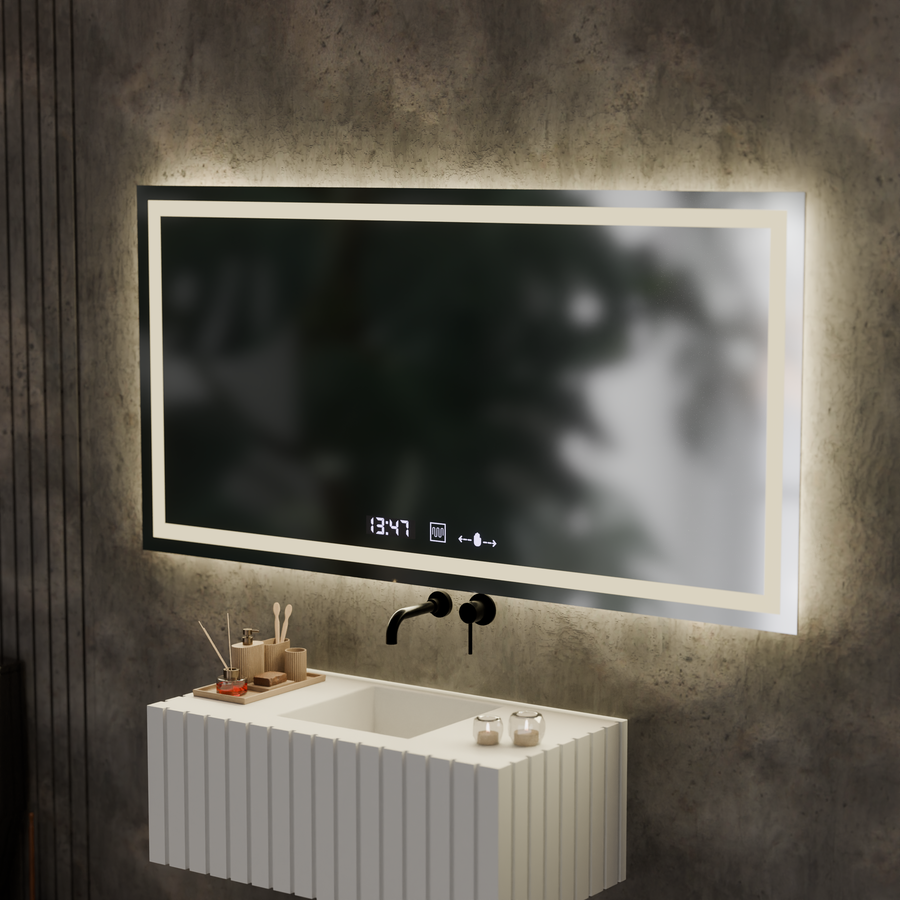 Prostokątne lustro LED, 120x60cm, Verite MotionGlow Marcello, system przeciwmgielny, zegar i termometr, ściemnialne 
