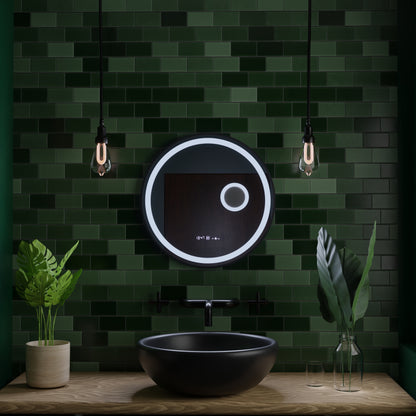 Okrągłe lustro LED, 60 cm, czujnik ruchu Micah Marcello MotionGlow, system przeciwmgielny, zegar i termometr, lupa kosmetyczna, ściemnialna 