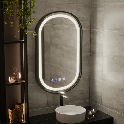 Helmut LED Touch System odmgławiania lusterek, zegar i temperatura 50x80 cm Czarna ramka Szczotkowane Marcello Funghi