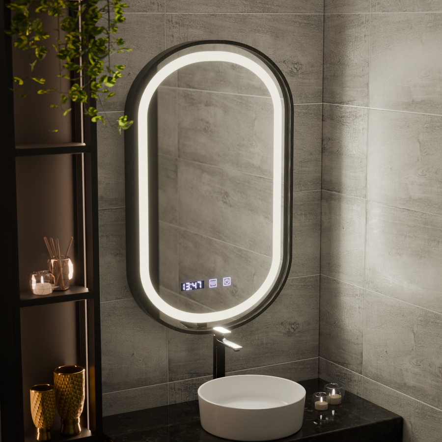 Helmut LED Touch System odmgławiania lusterek, zegar i temperatura 50x80 cm Czarna ramka Szczotkowane Marcello Funghi