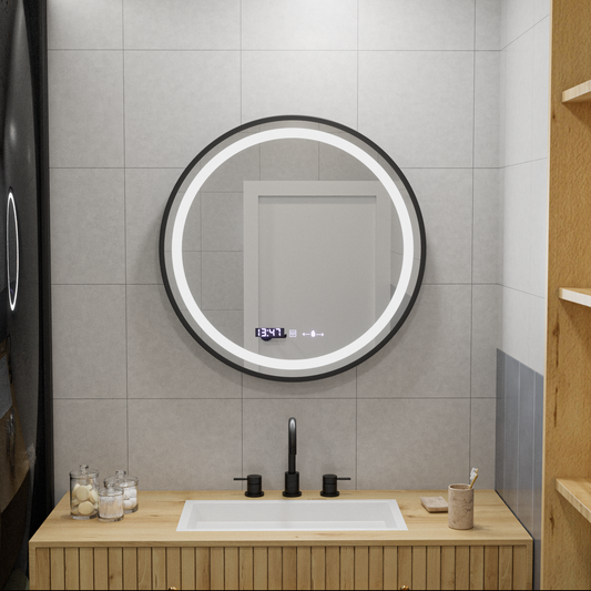 Okrągłe lustro LED 70 cm Celeste Majeste Noir MotionGlow Marcello System przeciwmgielny Zegar i termometr Ściemnialny 