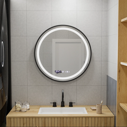 Okrągłe lustro LED, 70 cm, Celeste Majeste Noir MotionGlow Marcello, system odmgławiania, zegar i termometr, możliwość przyciemniania