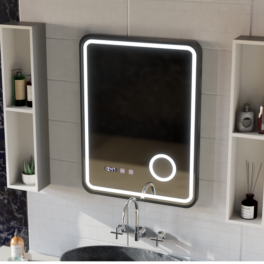 Ulrich Touch LED Mirror Defog System, zegar i temperatura 60x80 cm szczotkowana czarna rama lupa kosmetyczna