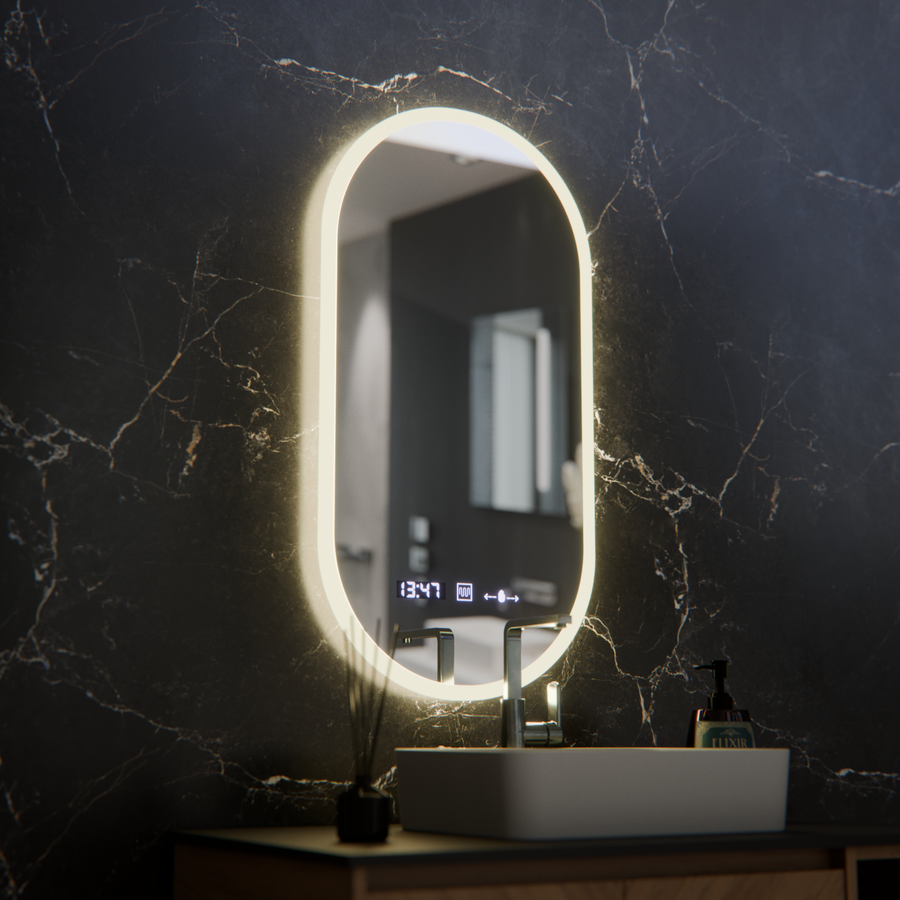 Owalne LED lusterka, 50 x 100 cm, czujnik Lucia Marcello, system rozmrażania, zegar i termometr, Dokryty