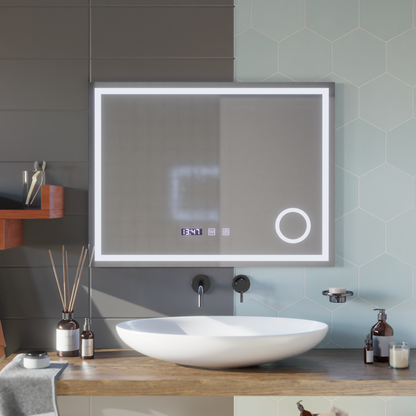 Lustro dotykowe LED Gunter System przeciwmgielny, zegar i temperatura 80x60 cm Lupa kosmetyczna