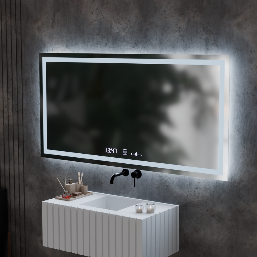 Prostokątne lustro LED, 120x60cm, Verite MotionGlow Marcello, system przeciwmgielny, zegar i termometr, ściemnialne 