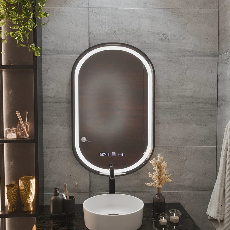 Helmut LED Touch System odmgławiania lusterek, zegar i temperatura 50x90 cm Czarna ramka szczotkowana Marcello Funghi