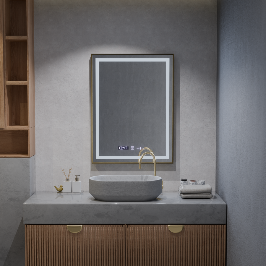 Prostokątne lustro LED, 60x80 cm, Verite Royale Gold MotionGlow Marcello, system przeciwmgielny, zegar i termometr, ściemnialne