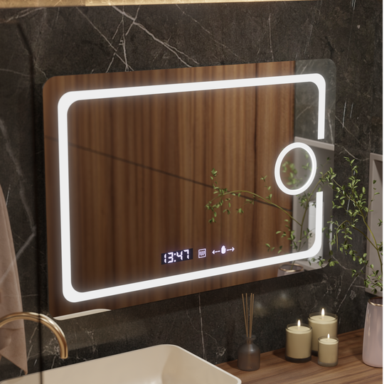 Prostokątne lustro LED, 120x80 cm, Eclat MotionGlow Marcello, system usuwania zamglenia, zegar i termometr, lupa kosmetyczna, przyciemniane lustra Marcello Domyślny tytuł Alessandro Design