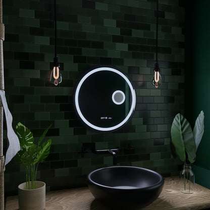 Okrągłe lustro LED, 60 cm, czujnik ruchu Micah Marcello MotionGlow, system przeciwmgielny, zegar i termometr, lupa kosmetyczna, ściemnialna 