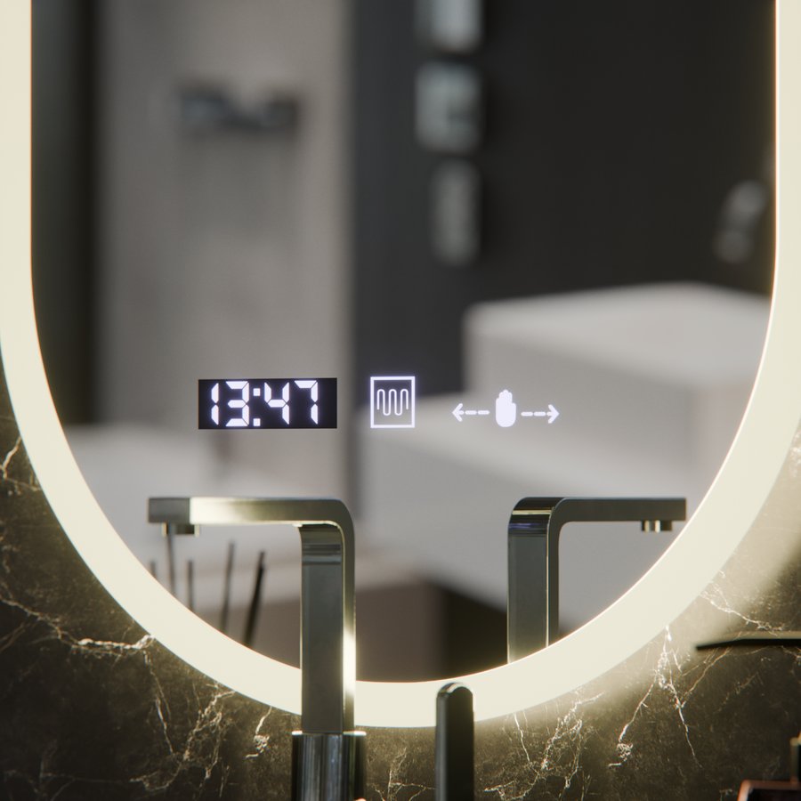 Owalne LED lusterka, 50 x 100 cm, czujnik Lucia Marcello, system rozmrażania, zegar i termometr, Dokryty