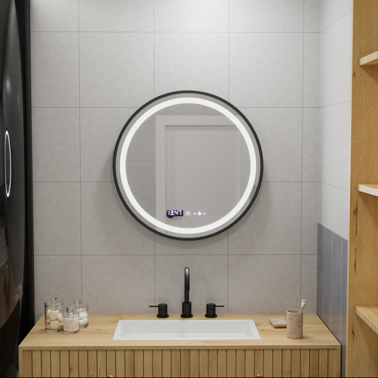 60 cm okrągłe lusterko LUD Majesté Noir Motionglow Marcello Dimable zegarowy system rozmrażania zegara