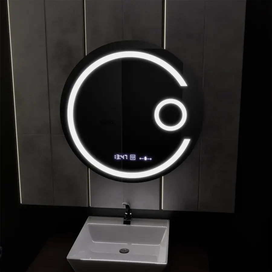 Okrągłe lustro LED 60 cm Visio MotionGlow Marcello Defog System Zegar i termometr Ściemnialna lupa kosmetyczna 