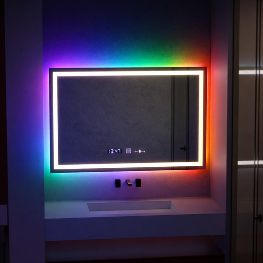 Prostokątne lustro LED, 100x75 cm, Verite MotionGlow Marcello, system przeciwmgielny, zegar i termometr, ściemnialne