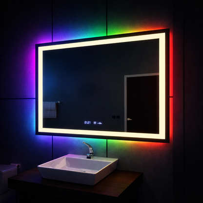 Prostokątne lustro LED, 100x75 cm, Verite MotionGlow Marcello, system przeciwmgielny, zegar i termometr, ściemnialne