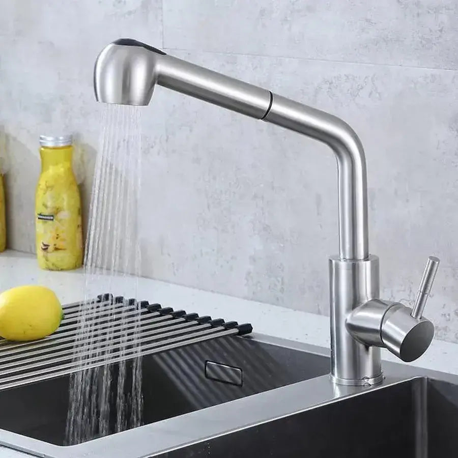 Bateria kuchenna z wyciąganą wylewką prysznicową Starke CF019, jednouchwytowa, stal nierdzewna, głowica ceramiczna, wykończenie satynowe
