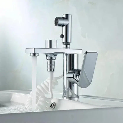 Wielofunkcyjna bateria umywalkowa z wyciąganą wylewką prysznicową, błyszczące chromowane wykończenie, nowoczesny design 