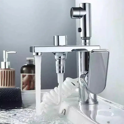 Wielofunkcyjna bateria umywalkowa z wyciąganą wylewką prysznicową, błyszczące chromowane wykończenie, nowoczesny design 