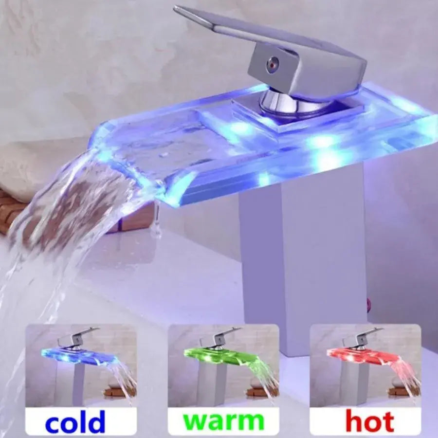 Bateria umywalkowa, stop i szkło, chrom, światło RGB, zmiana koloru w zależności od temperatury wody, OD3013