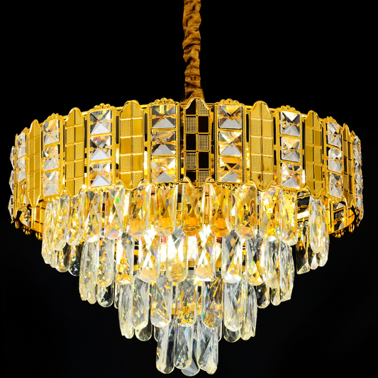 Candelabru Cristal NEXIA Velora 8xE14, Diametru 60cm, Auriu Lucios, Inaltime Regrabila