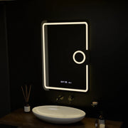 Prostokątne lustro LED, 50x70 cm, Eclat MotionGlow Marcello, system przeciwmgielny, zegar i termometr, lupa kosmetyczna, ściemnialna 