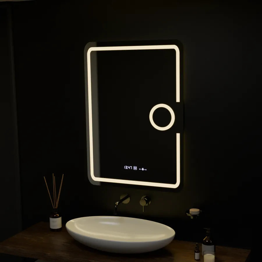 Lustro LED prostokątne 50x70cm Eclat MotionGlow Marcello System przeciwmgielny Zegar i termometr Ściemnialna lupa kosmetyczna