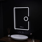 Prostokątne lustro LED, 50x70 cm, Eclat MotionGlow Marcello, system przeciwmgielny, zegar i termometr, lupa kosmetyczna, ściemnialna 